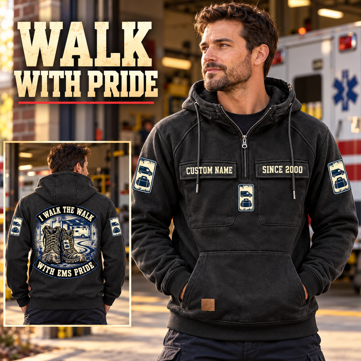 EMS Walk the Walk Badge Vintage Hoodie in Black, front right back card composition with faithful front and back artwork in a calm station entrance with a parked ambulance softly out of focus.