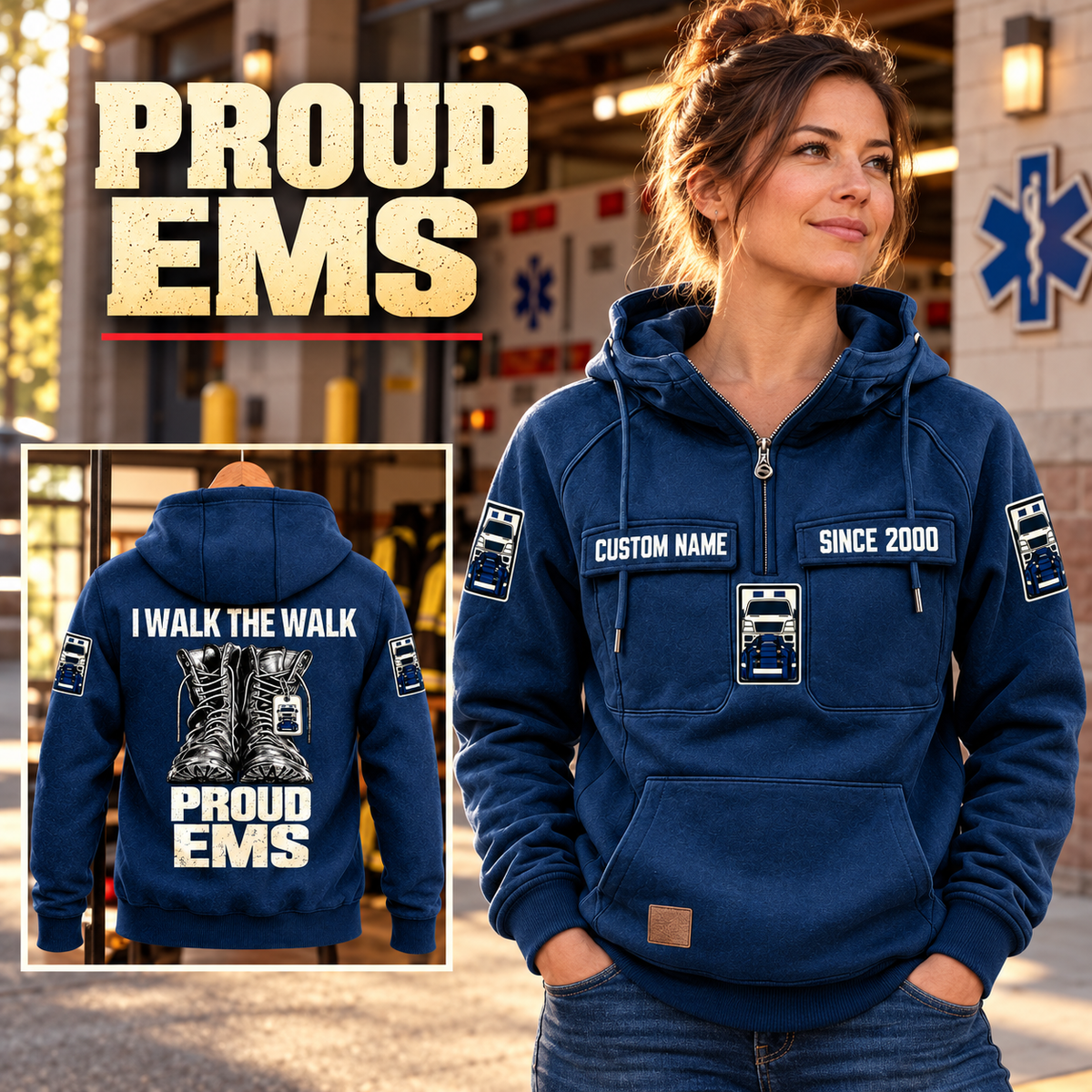 EMS Proud Walk Vintage Hoodie in Dark Blue, front right back card composition with faithful front and back artwork in a calm station entrance with a parked ambulance softly out of focus.