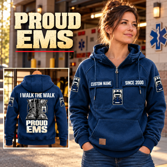 EMS Proud Walk Vintage Hoodie in Dark Blue, front right back card composition with faithful front and back artwork in a calm station entrance with a parked ambulance softly out of focus.