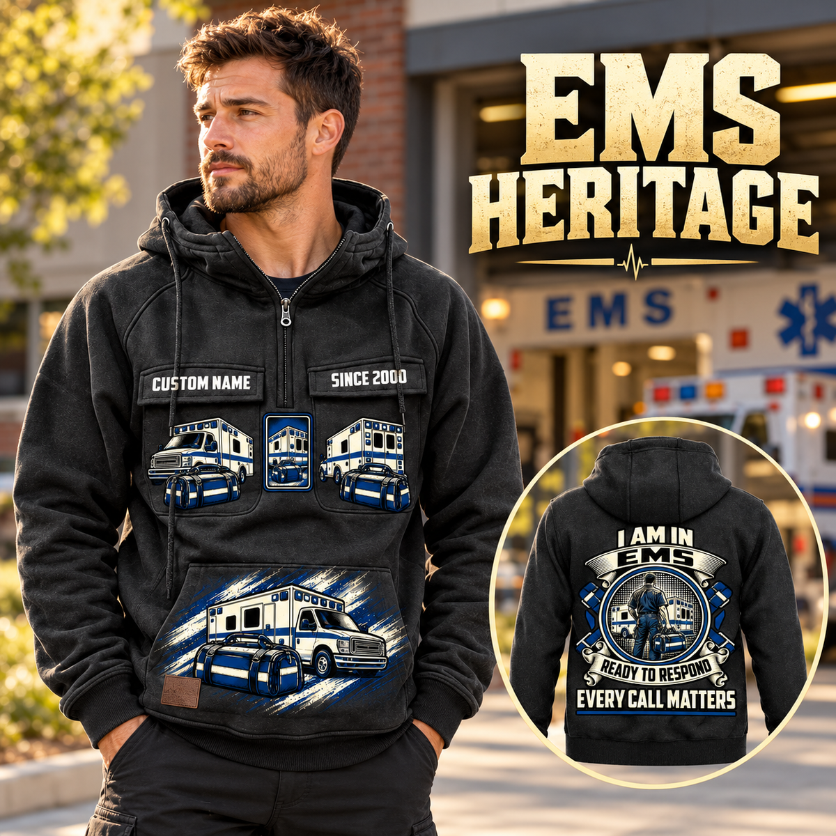 EMS Heritage Crest Vintage Hoodie in Black, front left back inset composition with faithful front and back artwork in a calm station entrance with a parked ambulance softly out of focus.