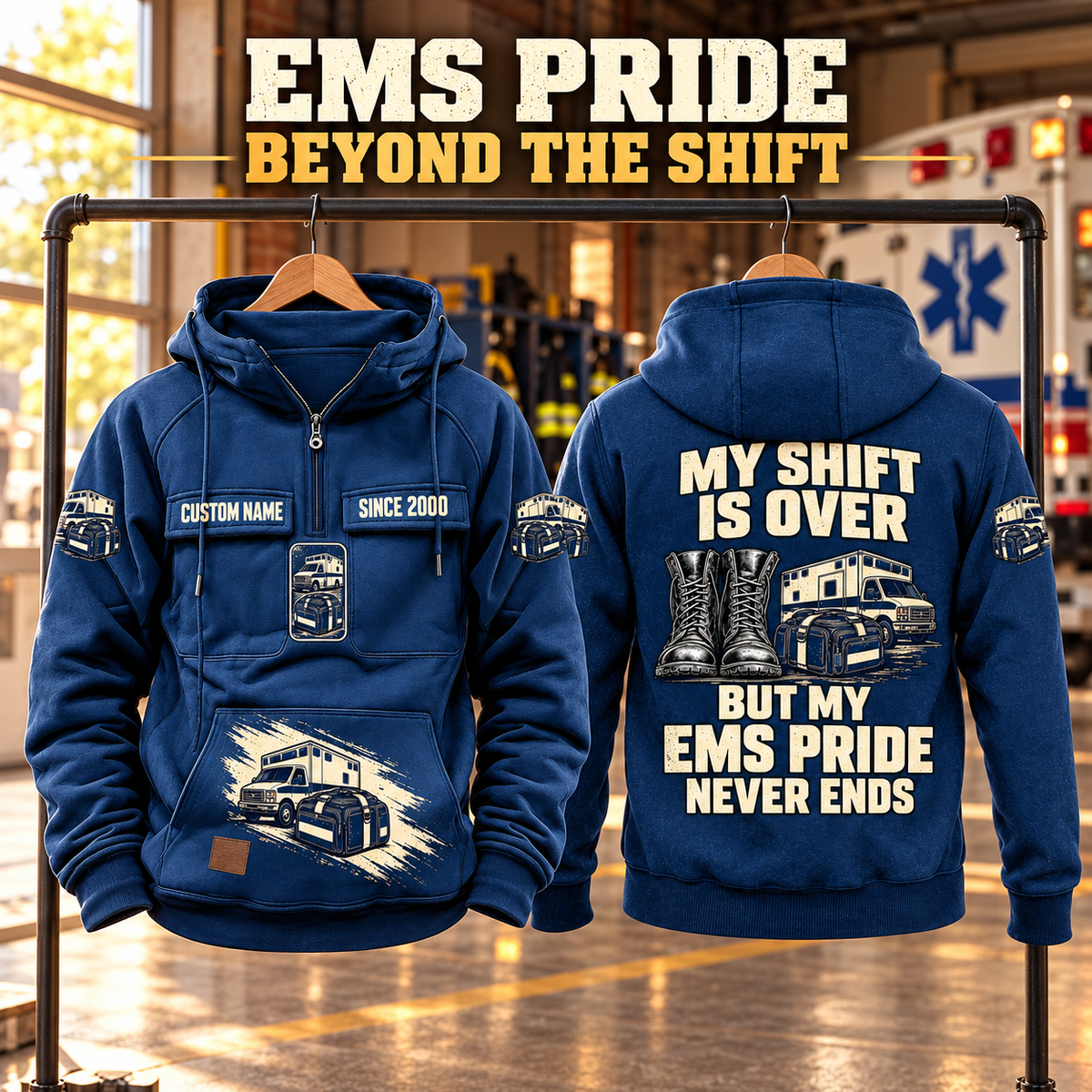 EMS Never Ends Vintage Hoodie in Dark Blue, paired front back composition with faithful front and back artwork in a calm station entrance with a parked ambulance softly out of focus.