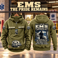 EMS Skills and Pride Vintage Hoodie in Military Green, paired front back composition with faithful front and back artwork in a calm station entrance with a parked ambulance softly out of focus.