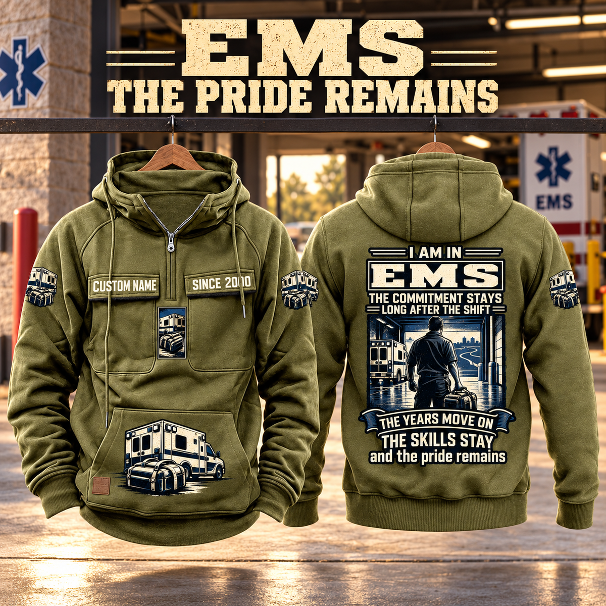 EMS Skills and Pride Vintage Hoodie in Military Green, paired front back composition with faithful front and back artwork in a calm station entrance with a parked ambulance softly out of focus.