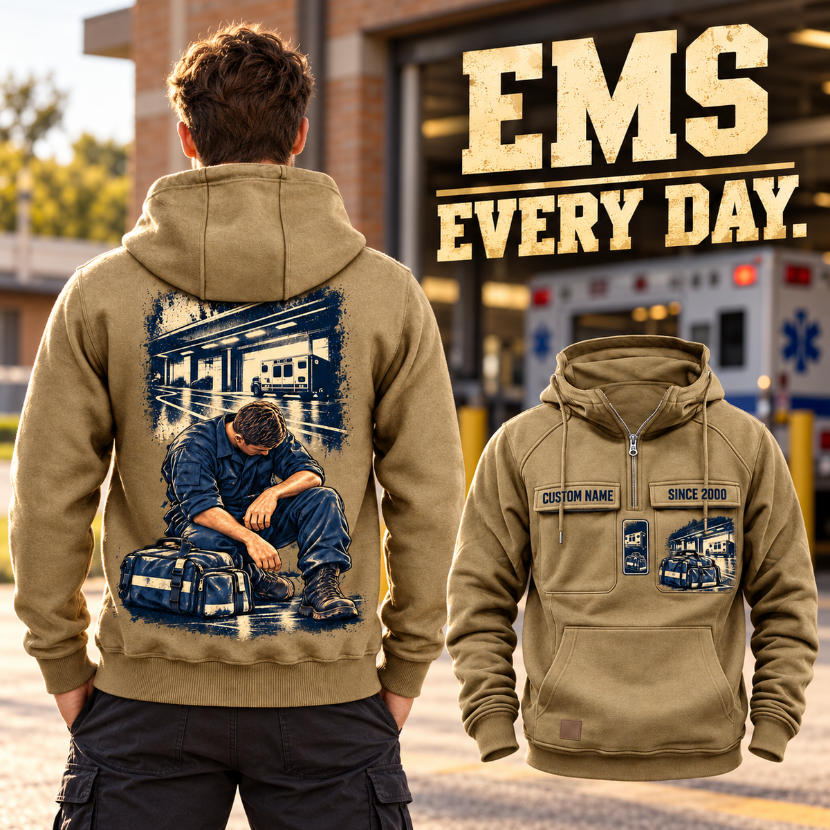 EMS Ready Every Day Portrait Vintage Hoodie in Kaki, back left front cutout composition with faithful front and back artwork in a calm station entrance with a parked ambulance softly out of focus.