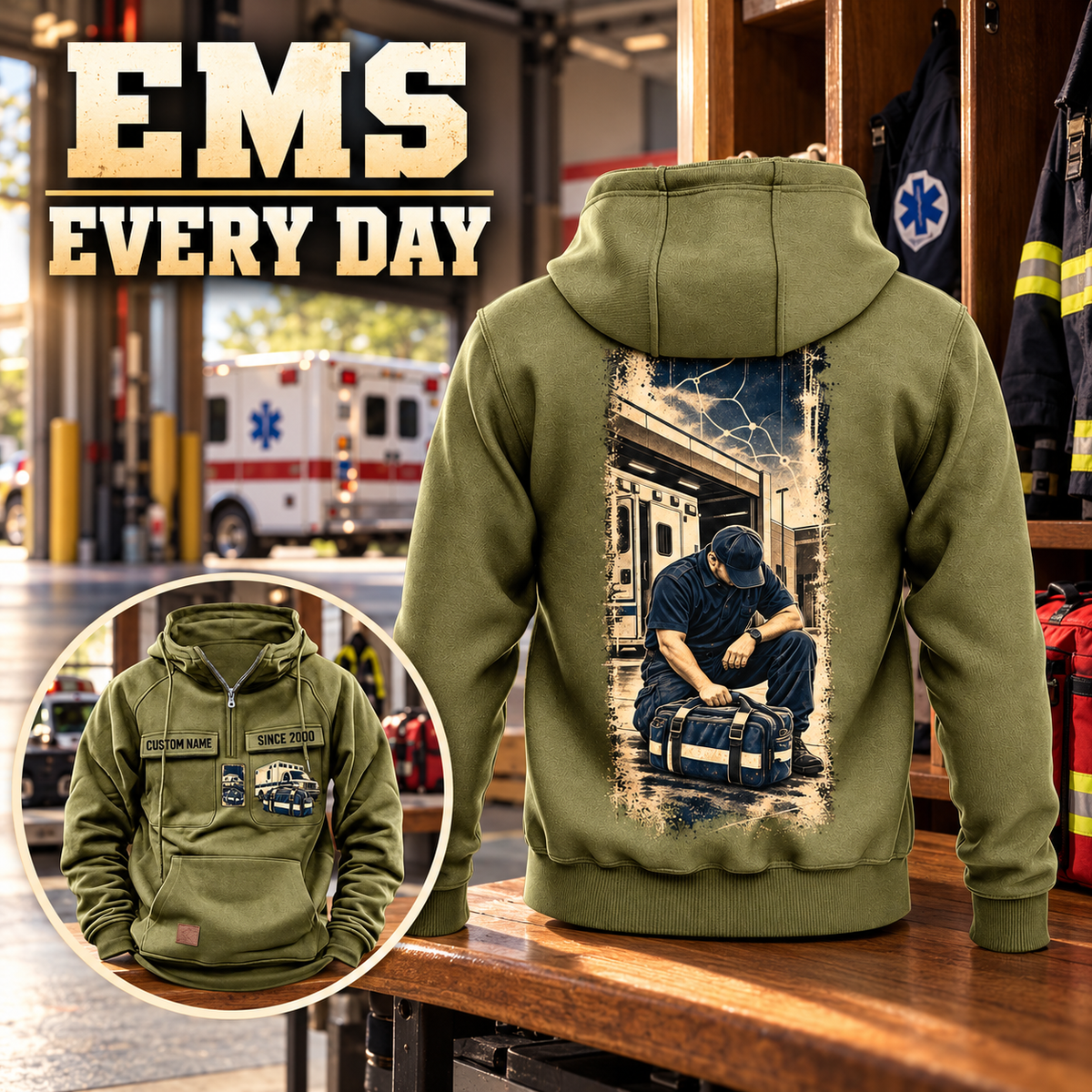 EMS Workday Portrait Vintage Hoodie in Military Green, back right front inset composition with faithful front and back artwork in a calm station entrance with a parked ambulance softly out of focus.
