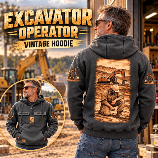 Excavator Operator Daily Commitment Portrait Vintage Hoodie in Dark Gray, back right front inset composition with faithful front and back artwork in a quiet construction yard with an out-of-focus parked excavator.