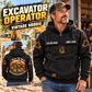 Excavator Operator Walk the Walk Badge Vintage Hoodie in Black, front right back card composition with faithful front and back artwork in a quiet construction yard with an out-of-focus parked excavator.
