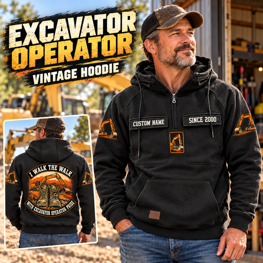 Excavator Operator Walk the Walk Badge Vintage Hoodie in Black, front right back card composition with faithful front and back artwork in a quiet construction yard with an out-of-focus parked excavator.