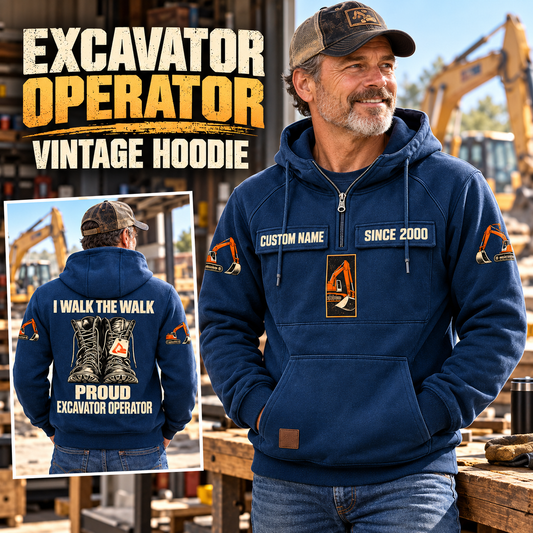 Excavator Operator Proud Walk Vintage Hoodie in Dark Blue, front right back card composition with faithful front and back artwork in a quiet construction yard with an out-of-focus parked excavator.