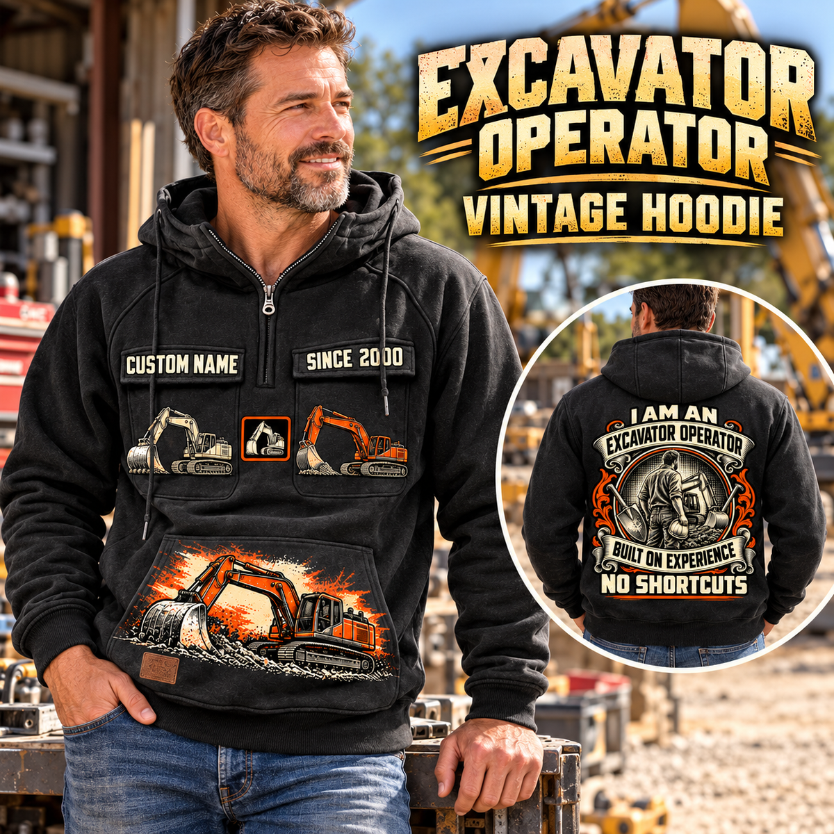 Excavator Operator Heritage Crest Vintage Hoodie in Black, front left back inset composition with faithful front and back artwork in a quiet construction yard with an out-of-focus parked excavator.