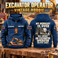 Excavator Operator Never Ends Vintage Hoodie in Dark Blue, paired front back composition with faithful front and back artwork in a quiet construction yard with an out-of-focus parked excavator.