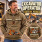 Excavator Operator By Choice Vintage Hoodie in Kaki, front left back inset composition with faithful front and back artwork in a quiet construction yard with an out-of-focus parked excavator.