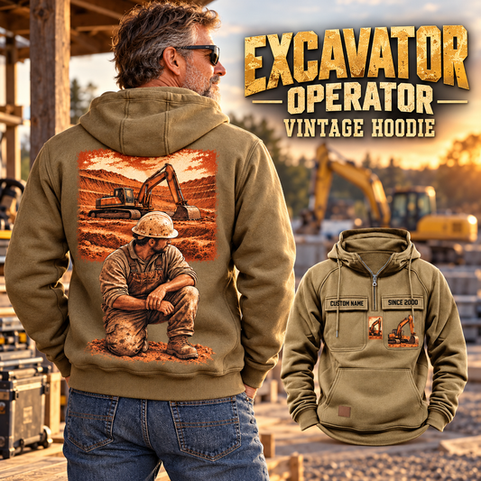 Excavator Operator Ready Every Day Portrait Vintage Hoodie in Kaki, back left front cutout composition with faithful front and back artwork in a quiet construction yard with an out-of-focus parked excavator.
