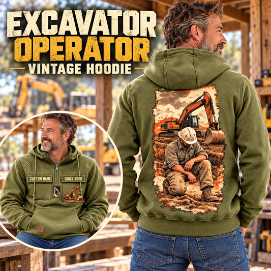 Excavator Operator Workday Portrait Vintage Hoodie in Military Green, back right front inset composition with faithful front and back artwork in a quiet construction yard with an out-of-focus parked excavator.