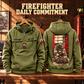 Firefighter Daily Commitment Portrait Vintage Hoodie in Military Green, paired front back composition with faithful front and back artwork in the quiet apron of a fire station with a soft-focus red engine.