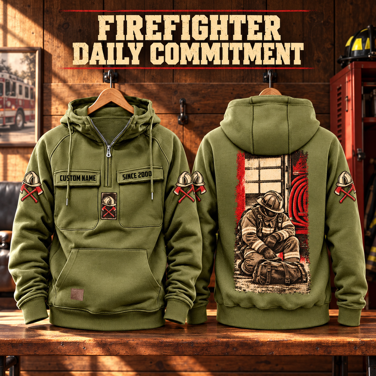 Firefighter Daily Commitment Portrait Vintage Hoodie in Military Green, paired front back composition with faithful front and back artwork in the quiet apron of a fire station with a soft-focus red engine.