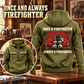 Firefighter Once and Always Vintage Hoodie in Military Green, back right front inset composition with faithful front and back artwork in the quiet apron of a fire station with a soft-focus red engine.