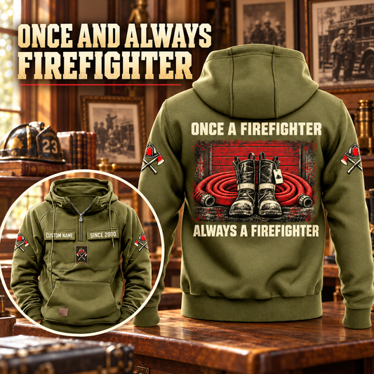 Firefighter Once and Always Vintage Hoodie in Military Green, back right front inset composition with faithful front and back artwork in the quiet apron of a fire station with a soft-focus red engine.