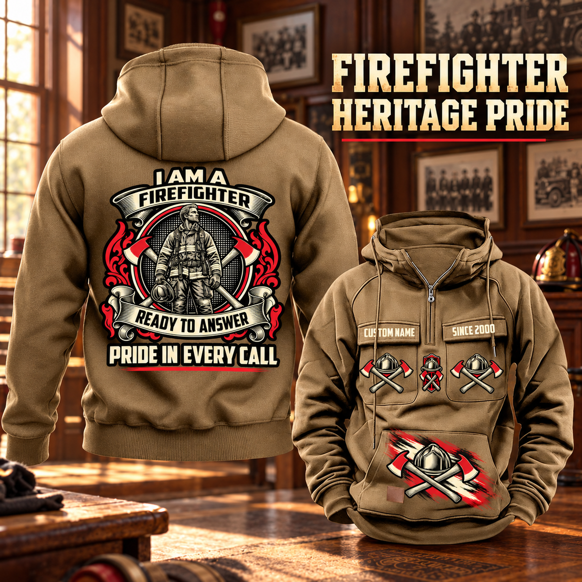 Firefighter Heritage Crest Vintage Hoodie in Kaki, back left front cutout composition with faithful front and back artwork in the quiet apron of a fire station with a soft-focus red engine.