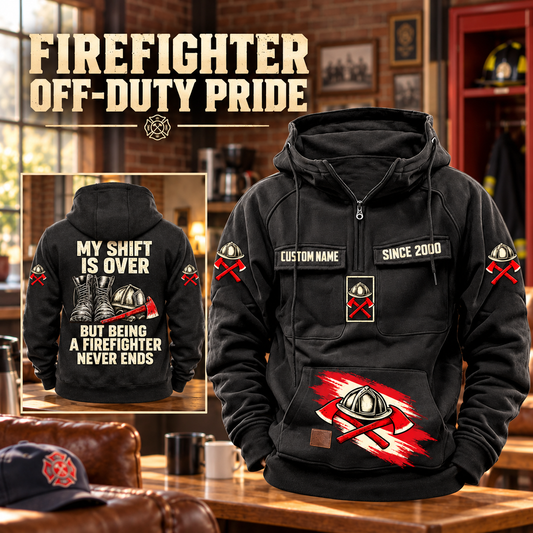 Firefighter Never Ends Vintage Hoodie in Black, front right back card composition with faithful front and back artwork in the quiet apron of a fire station with a soft-focus red engine.