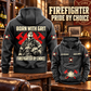 Firefighter By Choice Vintage Hoodie in Dark Gray, back left front cutout composition with faithful front and back artwork in the quiet apron of a fire station with a soft-focus red engine.
