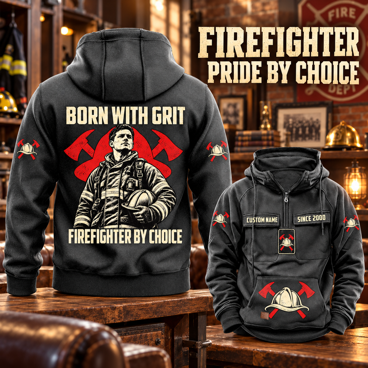 Firefighter By Choice Vintage Hoodie in Dark Gray, back left front cutout composition with faithful front and back artwork in the quiet apron of a fire station with a soft-focus red engine.