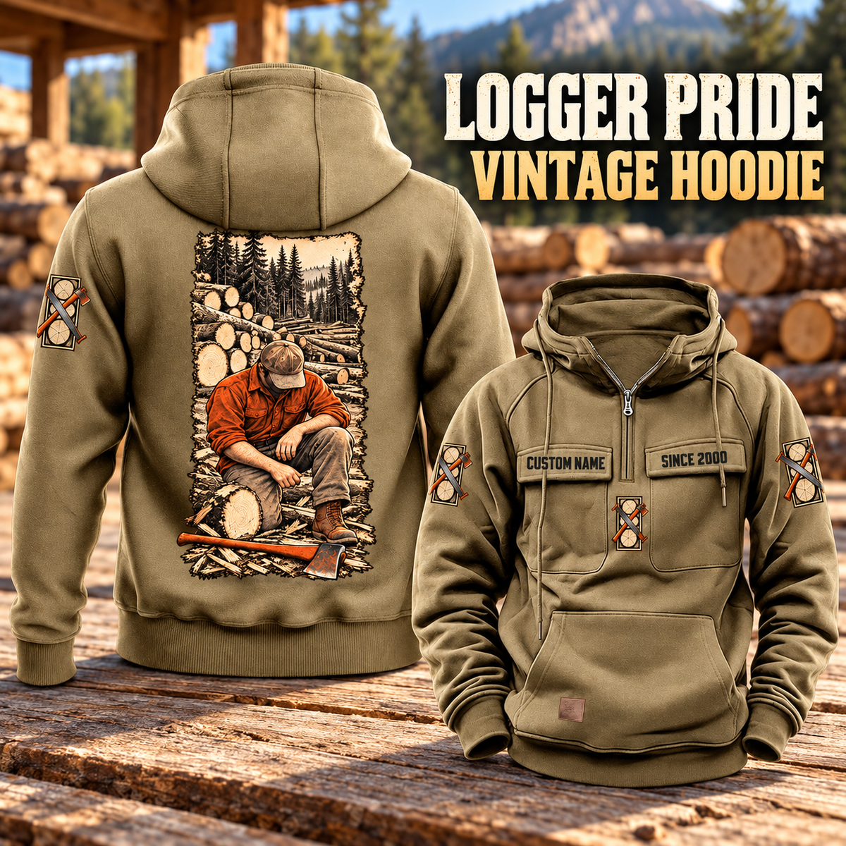 Logger Daily Commitment Portrait Vintage Hoodie in Kaki, back left front cutout composition with faithful front and back artwork in a timber yard with stacked logs softly out of focus.