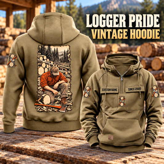 Logger Daily Commitment Portrait Vintage Hoodie in Kaki, back left front cutout composition with faithful front and back artwork in a timber yard with stacked logs softly out of focus.
