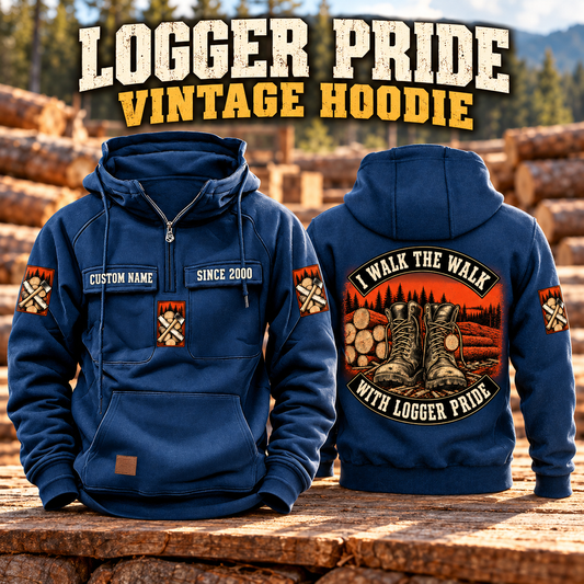Logger Walk the Walk Badge Vintage Hoodie in Dark Blue, paired front back composition with faithful front and back artwork in a timber yard with stacked logs softly out of focus.