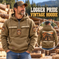 Logger Once and Always Vintage Hoodie in Kaki, front left back inset composition with faithful front and back artwork in a timber yard with stacked logs softly out of focus.