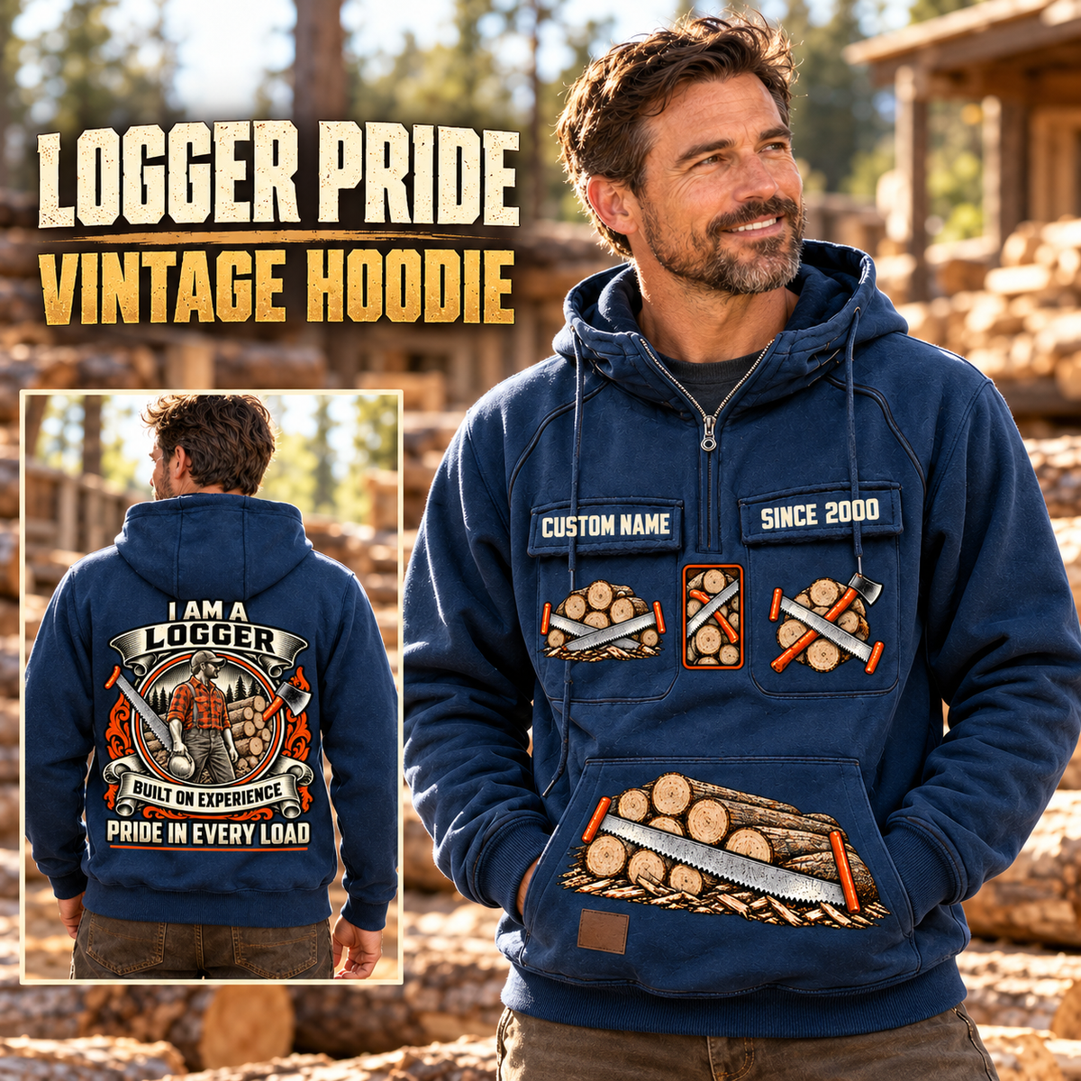 Logger Heritage Crest Vintage Hoodie in Dark Blue, front right back card composition with faithful front and back artwork in a timber yard with stacked logs softly out of focus.