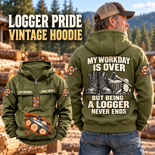 Logger Never Ends Vintage Hoodie in Military Green, back right front inset composition with faithful front and back artwork in a timber yard with stacked logs softly out of focus.