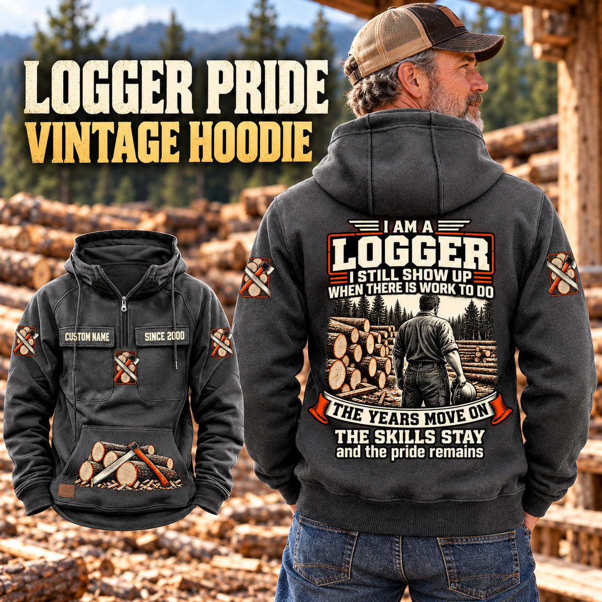 Logger Skills and Pride Vintage Hoodie in Dark Gray, back right front inset composition with faithful front and back artwork in a timber yard with stacked logs softly out of focus.