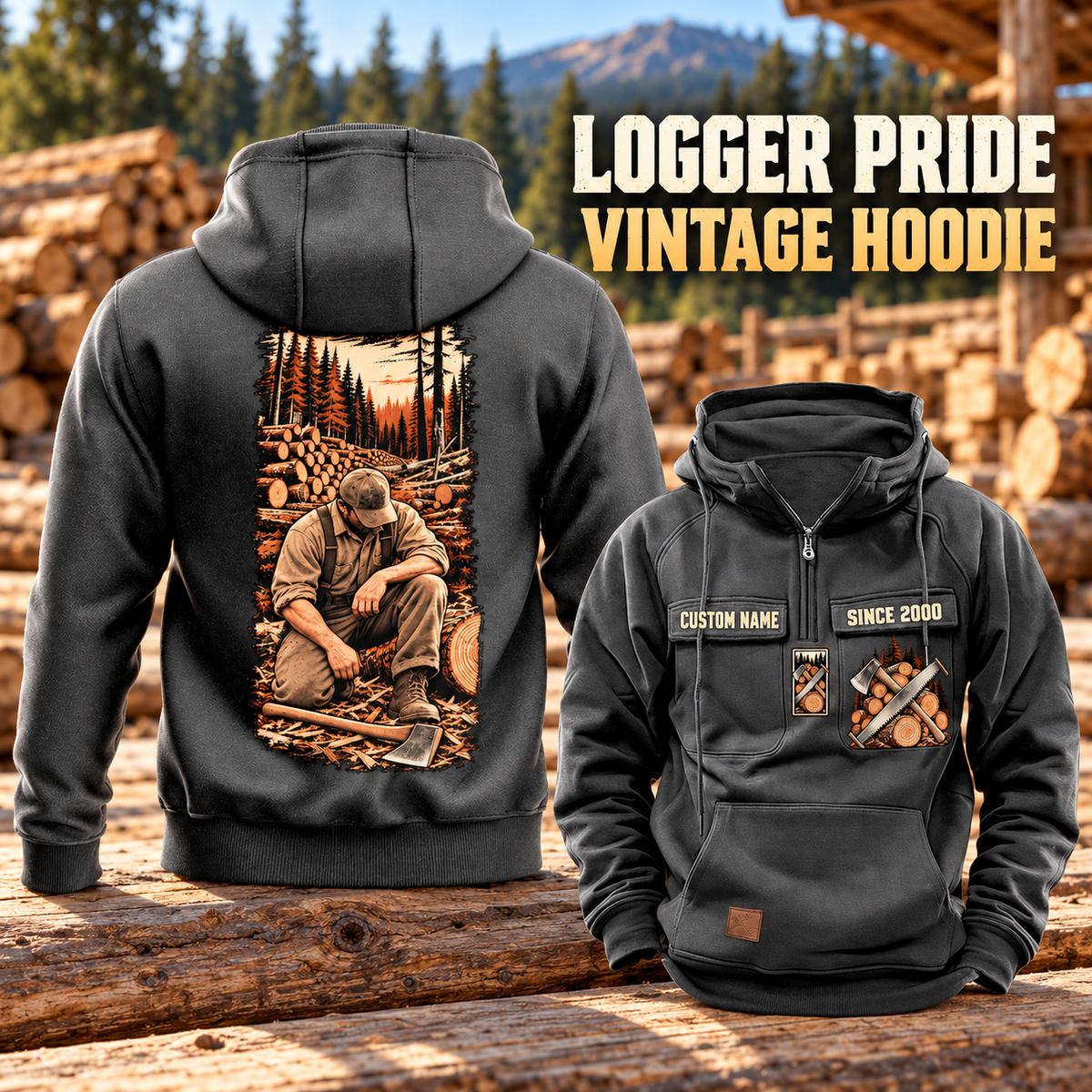 Logger Workday Portrait Vintage Hoodie in Dark Gray, back left front cutout composition with faithful front and back artwork in a timber yard with stacked logs softly out of focus.