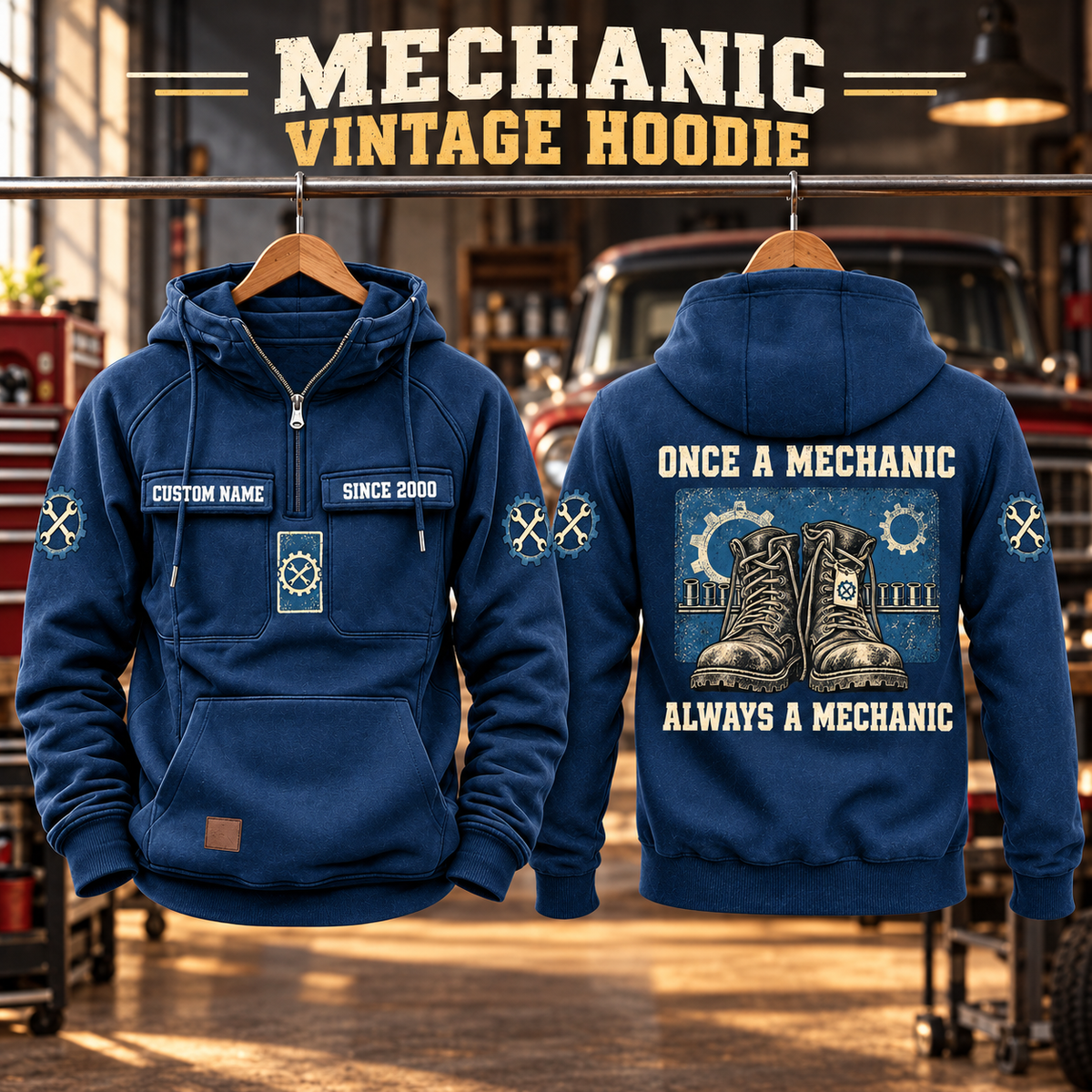 Mechanic Once and Always Vintage Hoodie in Dark Blue, paired front back composition with faithful front and back artwork in a tidy auto workshop with a vintage vehicle blurred behind.