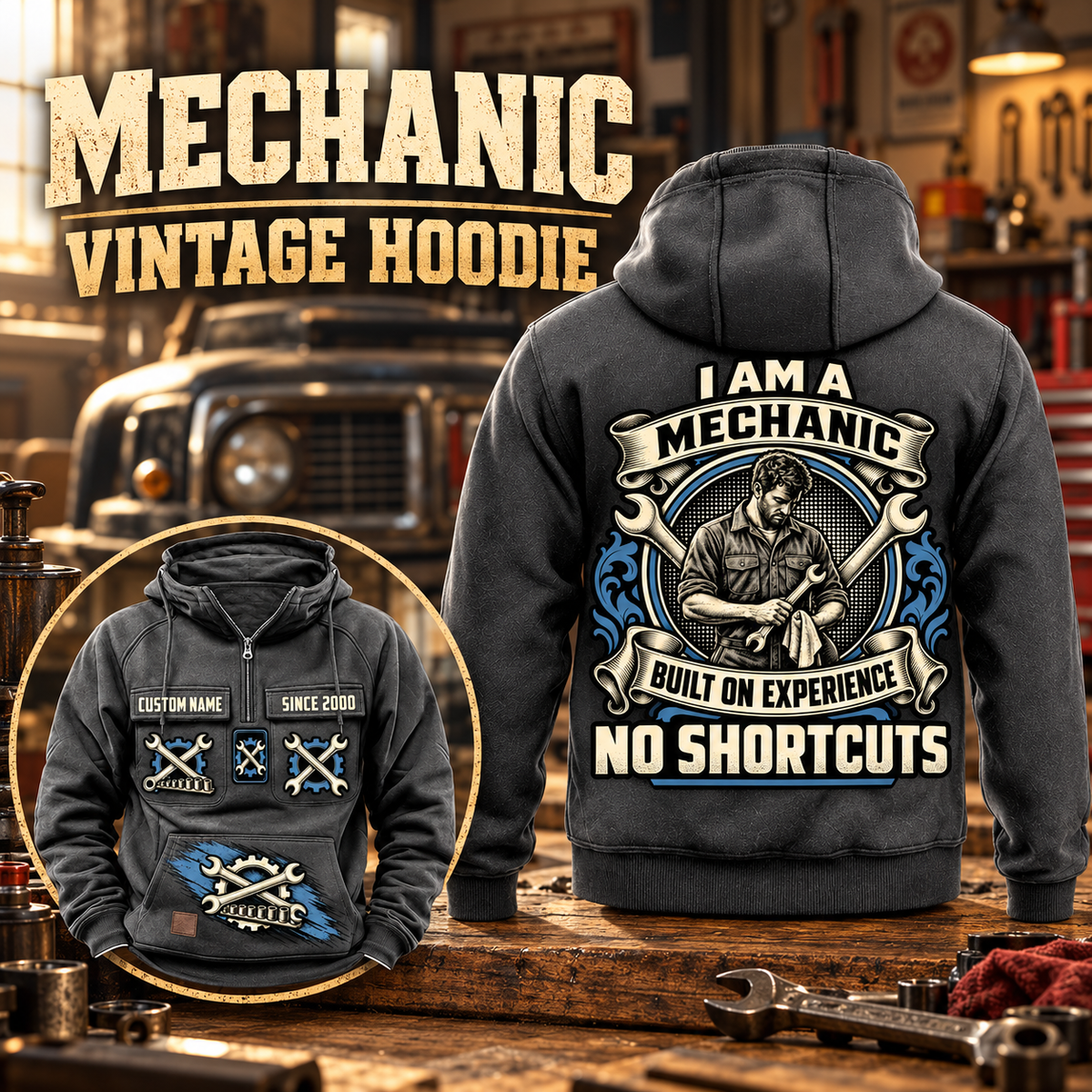 Mechanic Heritage Crest Vintage Hoodie in Dark Gray, back right front inset composition with faithful front and back artwork in a tidy auto workshop with a vintage vehicle blurred behind.