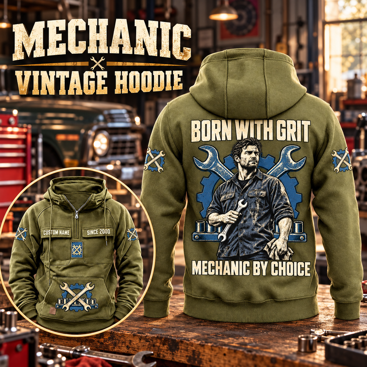Mechanic By Choice Vintage Hoodie in Military Green, back right front inset composition with faithful front and back artwork in a tidy auto workshop with a vintage vehicle blurred behind.