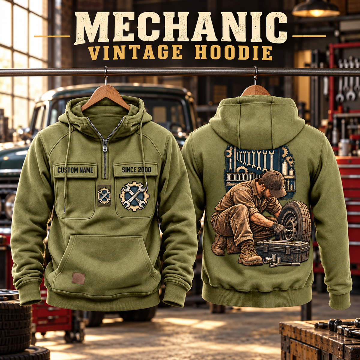Mechanic Ready Every Day Portrait Vintage Hoodie in Military Green, paired front back composition with faithful front and back artwork in a tidy auto workshop with a vintage vehicle blurred behind.
