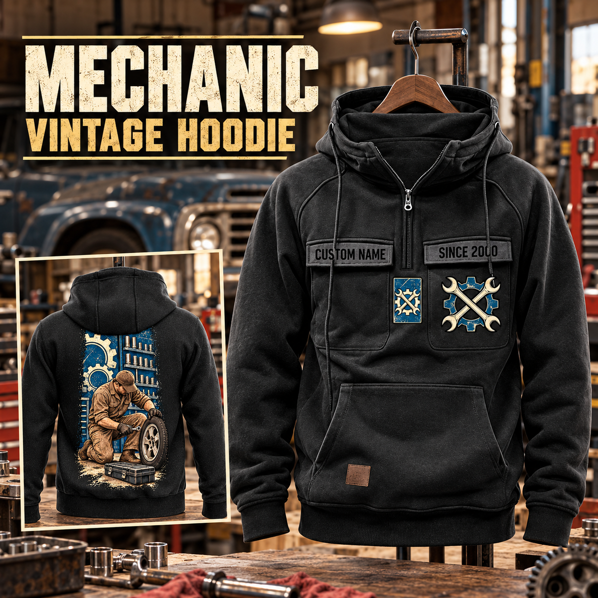 Mechanic Workday Portrait Vintage Hoodie in Black, front right back card composition with faithful front and back artwork in a tidy auto workshop with a vintage vehicle blurred behind.