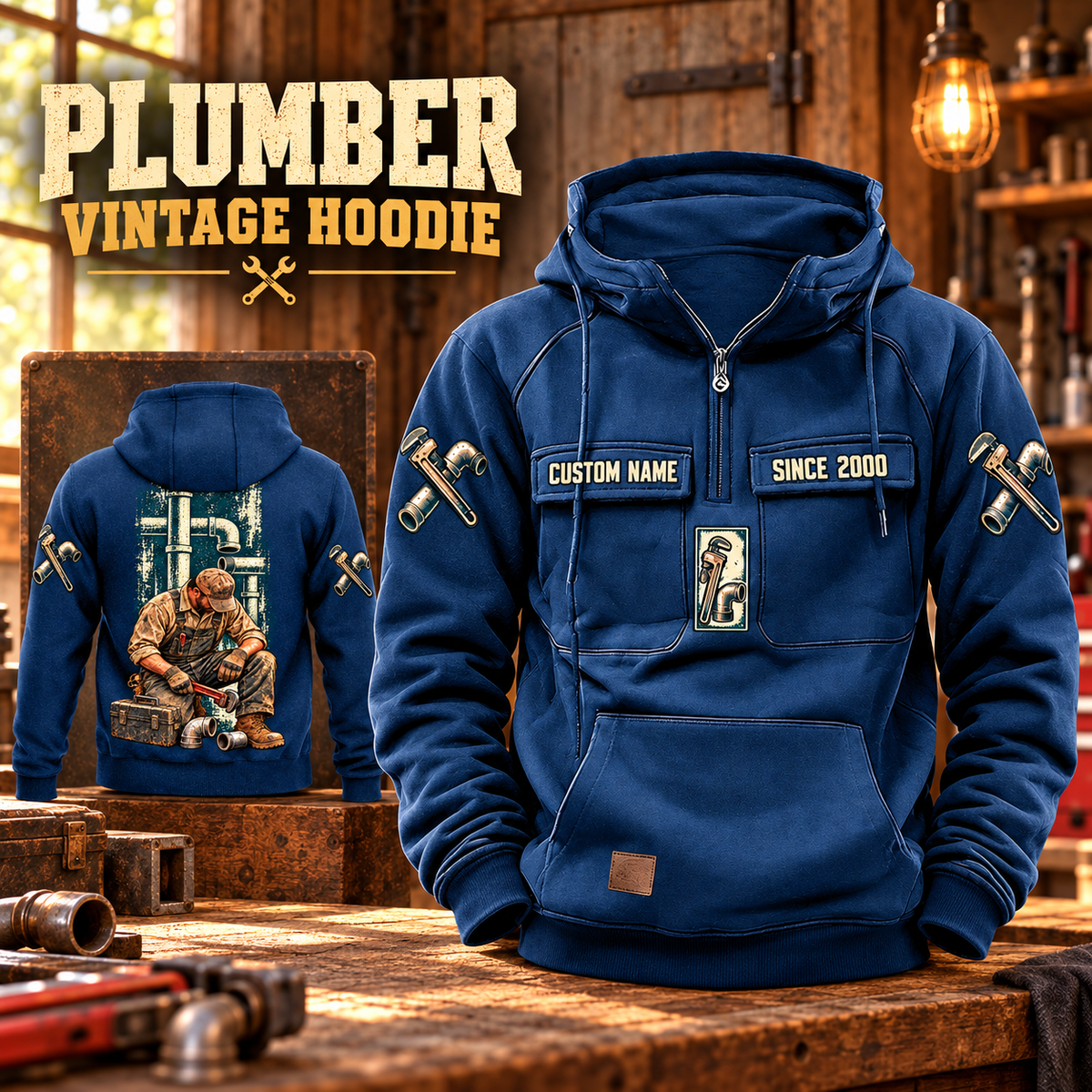 Plumber Daily Commitment Portrait Vintage Hoodie in Dark Blue, front right back card composition with faithful front and back artwork in a tidy plumbing workbench with muted metal pipe fittings.