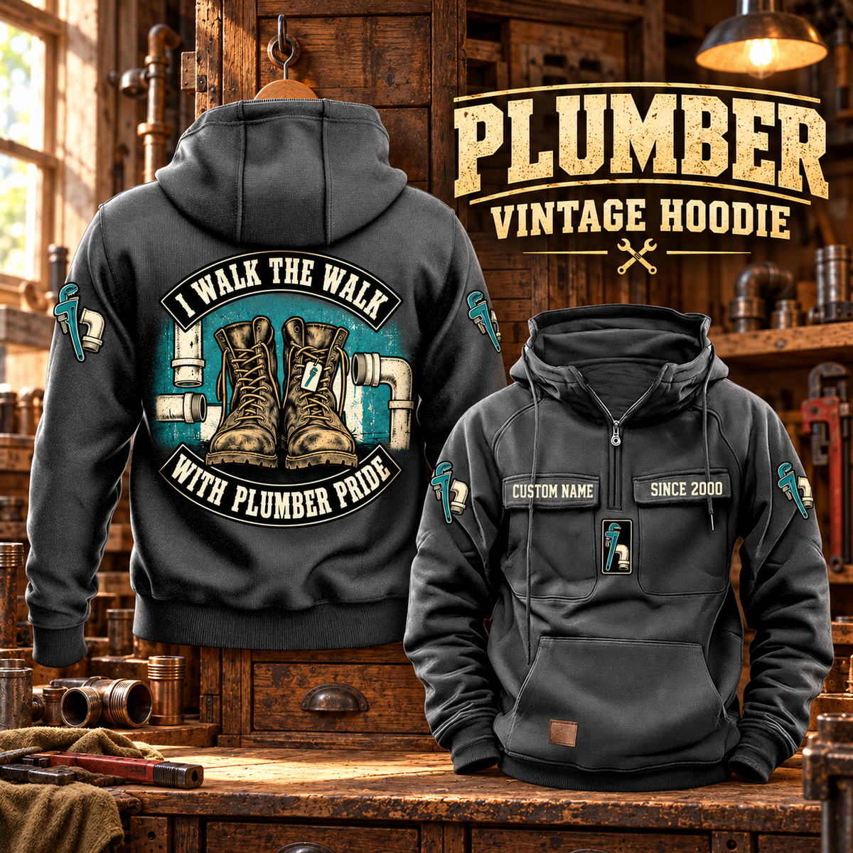 Plumber Walk the Walk Badge Vintage Hoodie in Dark Gray, back left front cutout composition with faithful front and back artwork in a tidy plumbing workbench with muted metal pipe fittings.