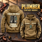 Plumber Proud Walk Vintage Hoodie in Kaki, back left front cutout composition with faithful front and back artwork in a tidy plumbing workbench with muted metal pipe fittings.