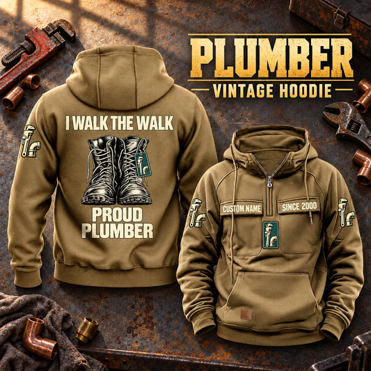 Plumber Proud Walk Vintage Hoodie in Kaki, back left front cutout composition with faithful front and back artwork in a tidy plumbing workbench with muted metal pipe fittings.