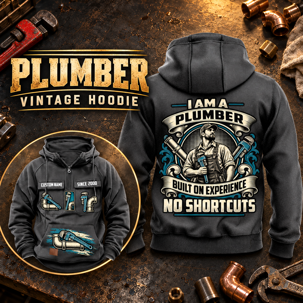 Plumber Heritage Crest Vintage Hoodie in Dark Gray, back right front inset composition with faithful front and back artwork in a tidy plumbing workbench with muted metal pipe fittings.