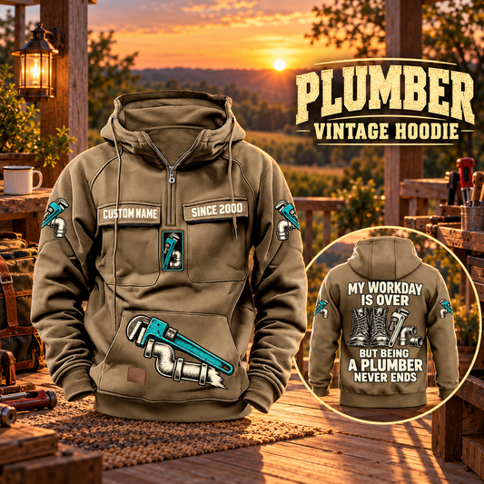 Plumber Never Ends Vintage Hoodie in Kaki, front left back inset composition with faithful front and back artwork in a tidy plumbing workbench with muted metal pipe fittings.