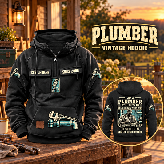 Plumber Skills and Pride Vintage Hoodie in Black, front left back inset composition with faithful front and back artwork in a tidy plumbing workbench with muted metal pipe fittings.