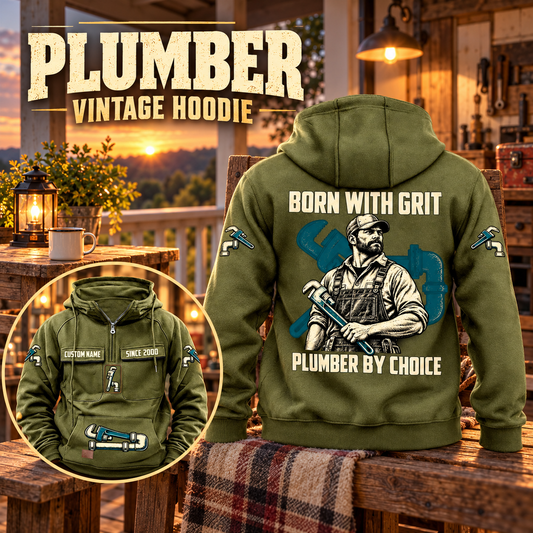 Plumber By Choice Vintage Hoodie in Military Green, back right front inset composition with faithful front and back artwork in a tidy plumbing workbench with muted metal pipe fittings.