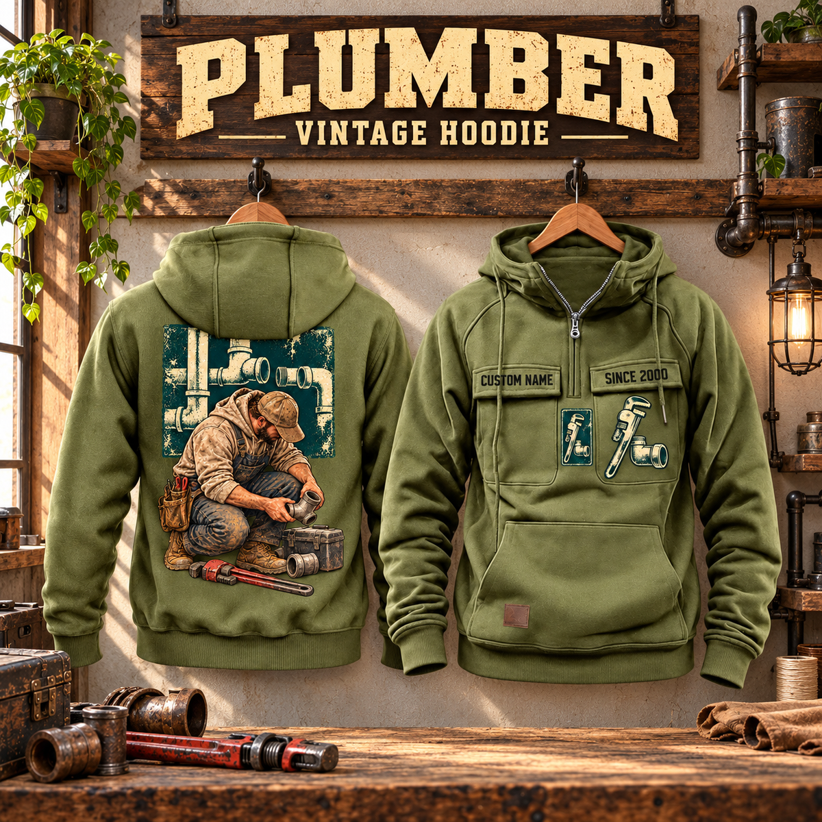 Plumber Ready Every Day Portrait Vintage Hoodie in Military Green, paired front back composition with faithful front and back artwork in a tidy plumbing workbench with muted metal pipe fittings.