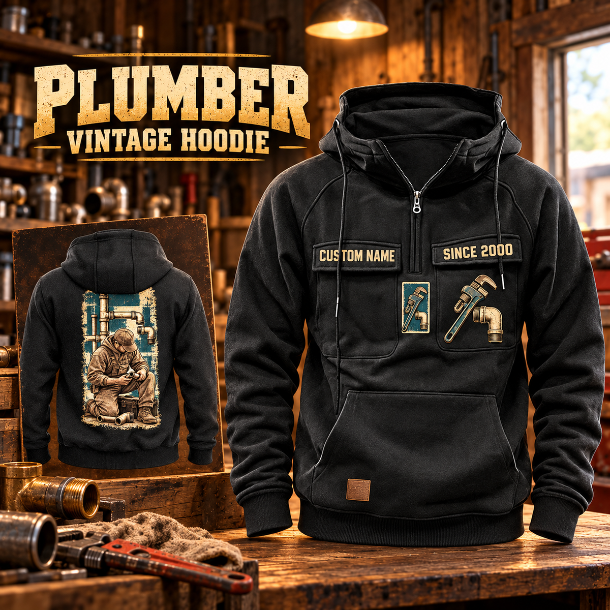 Plumber Workday Portrait Vintage Hoodie in Black, front right back card composition with faithful front and back artwork in a tidy plumbing workbench with muted metal pipe fittings.