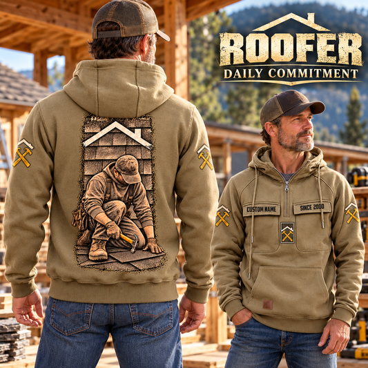 Roofer Daily Commitment Portrait Vintage Hoodie in Kaki, faithful front and back views in a Roofer lifestyle composition.